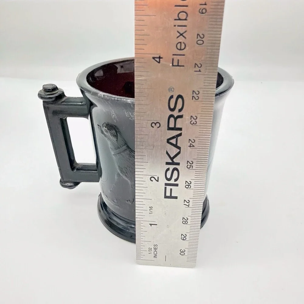 Antique EAPG Black Amethyst Glass Child's Mug Stein Embossed Dog Retriever